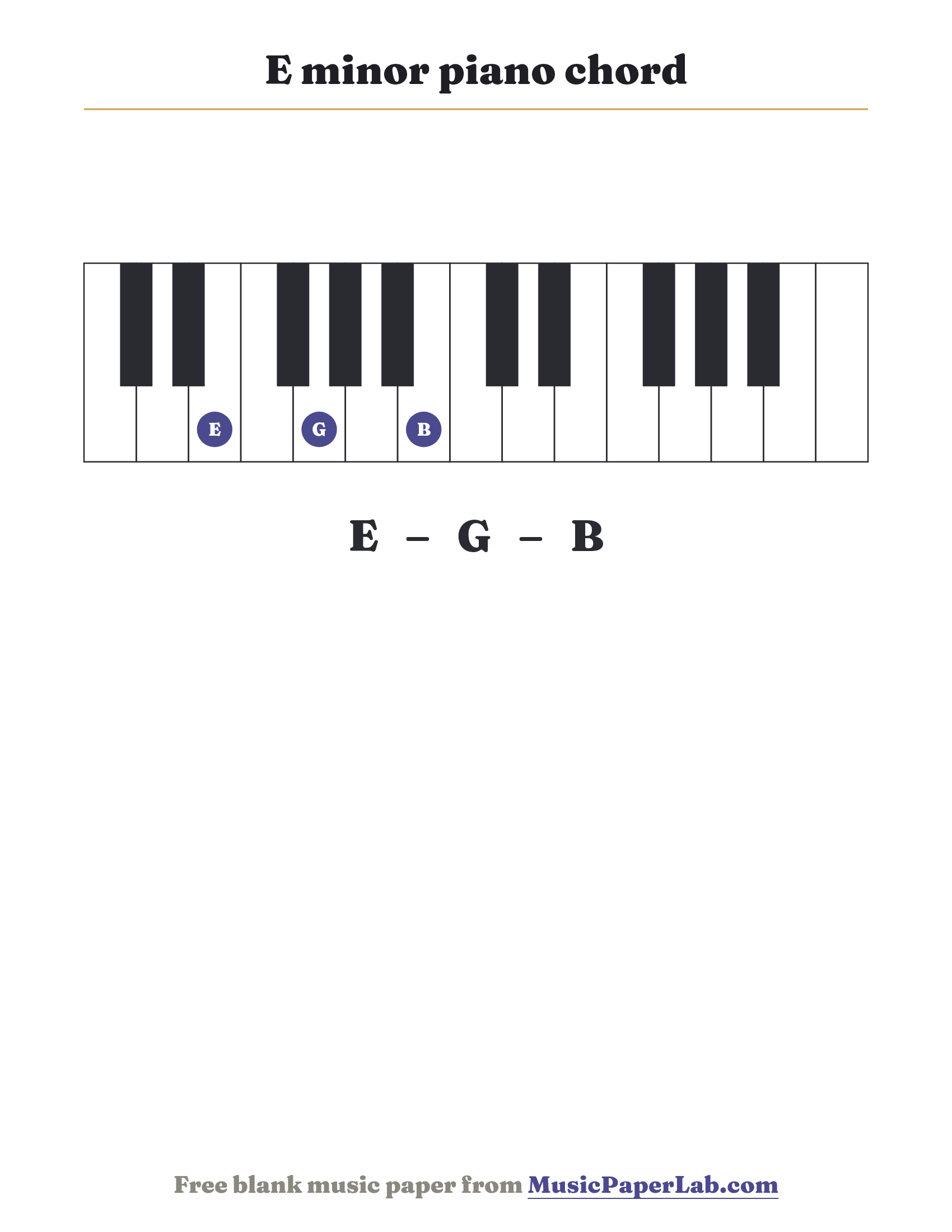E minor piano chord diagram on a keyboard — notes E – G – B