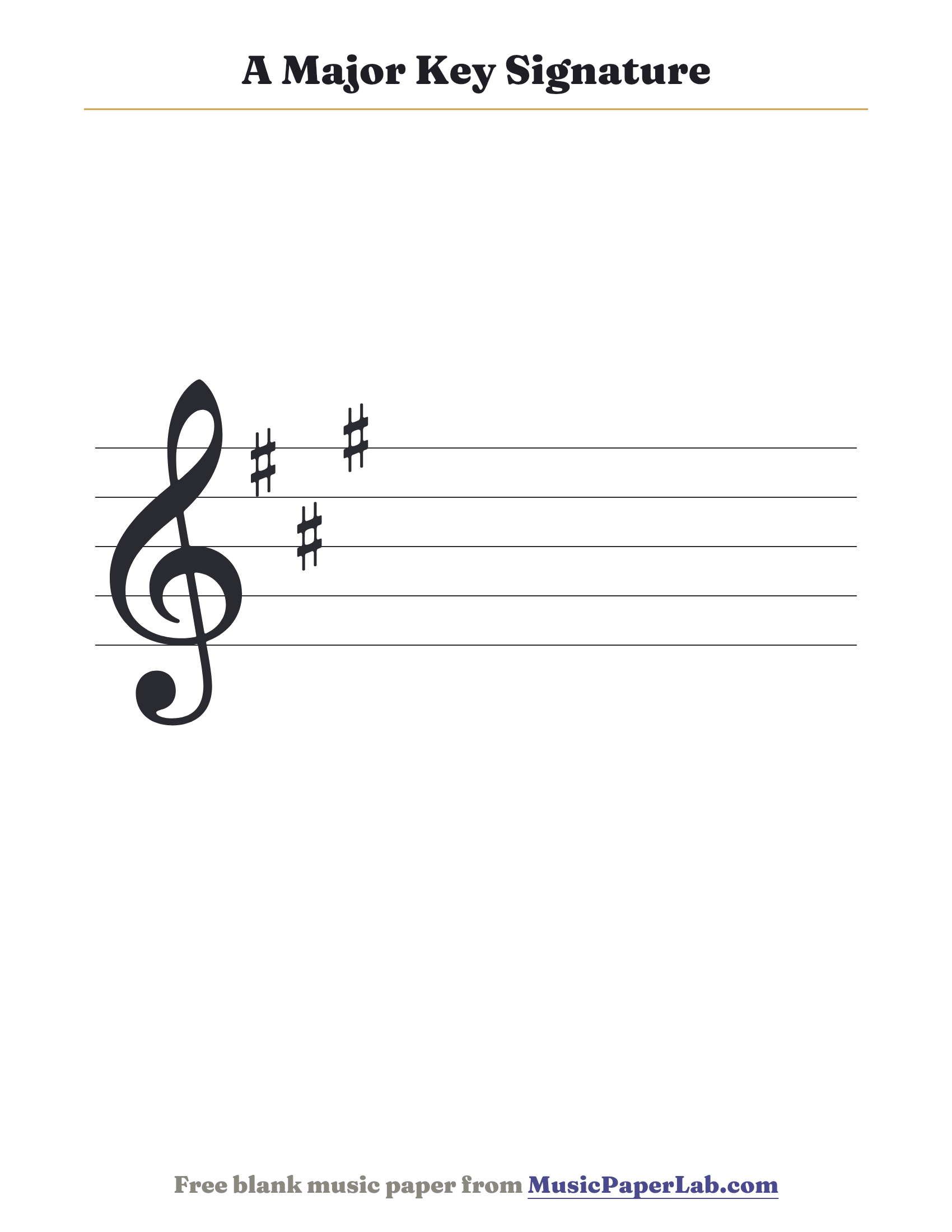 A major key signature on the treble staff — A major has 3 sharps: F♯ C♯ G♯.