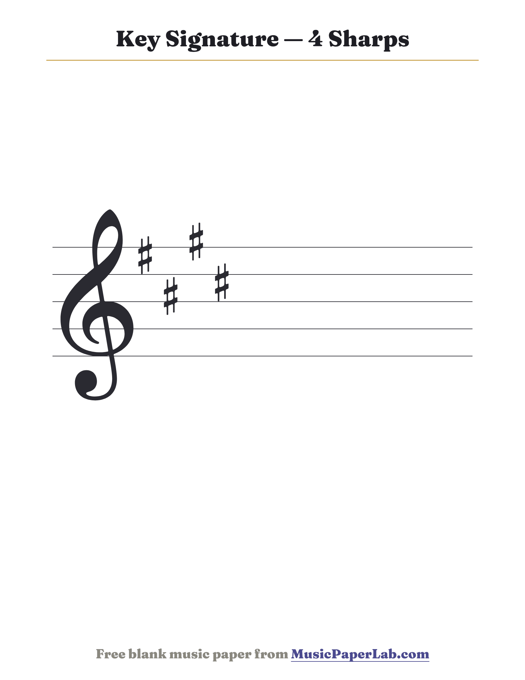Treble staff showing a key signature with 4 sharps: F♯ C♯ G♯ D♯ — E major or C♯ minor.
