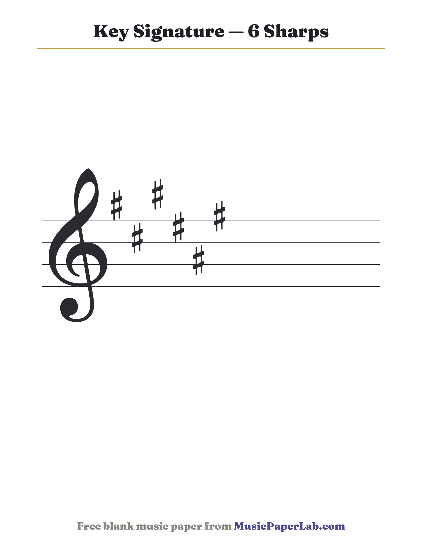 Treble staff showing a key signature with 6 sharps: F♯ C♯ G♯ D♯ A♯ E♯ — F♯ major or D♯ minor.