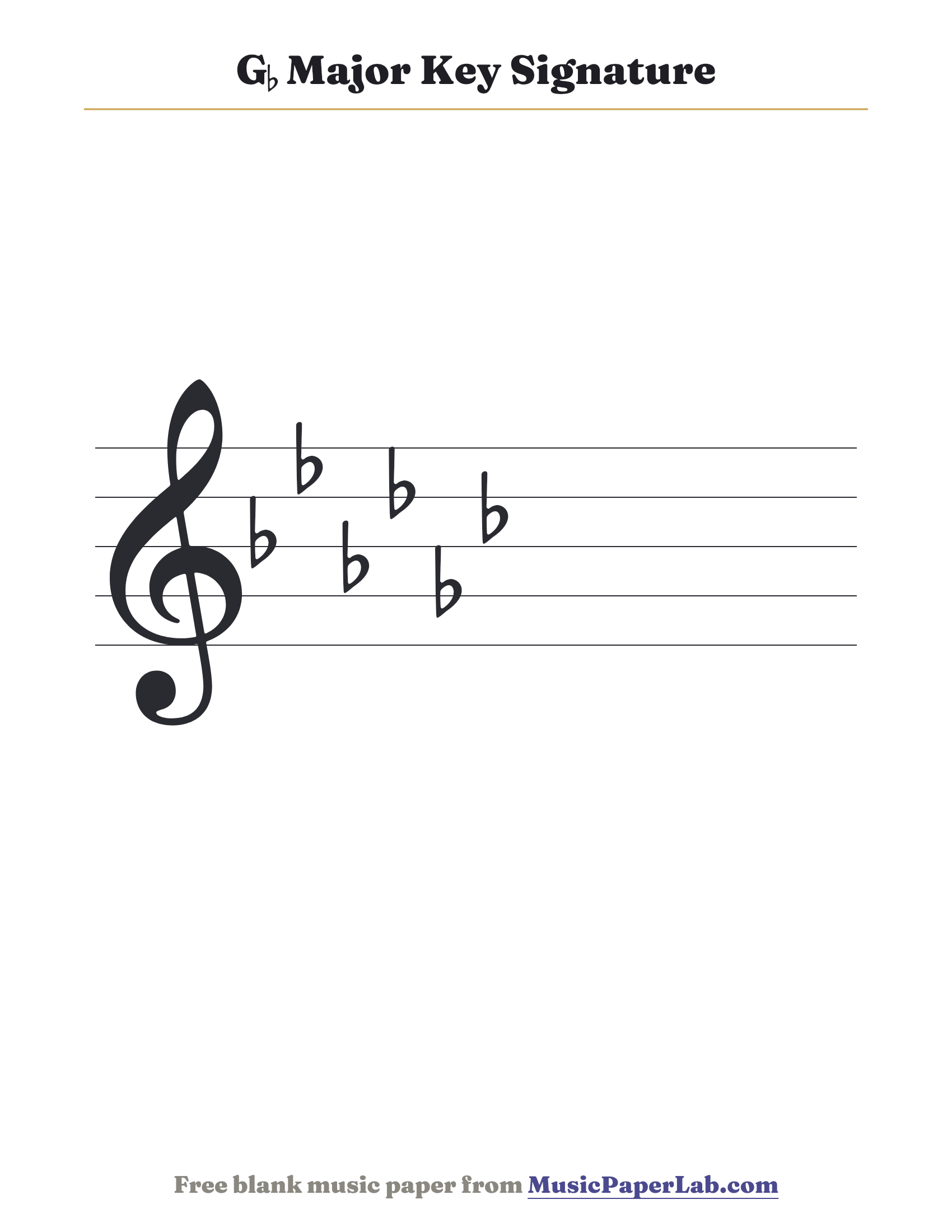 G♭ major key signature on the treble staff — G♭ major has 6 flats: B♭ E♭ A♭ D♭ G♭ C♭.