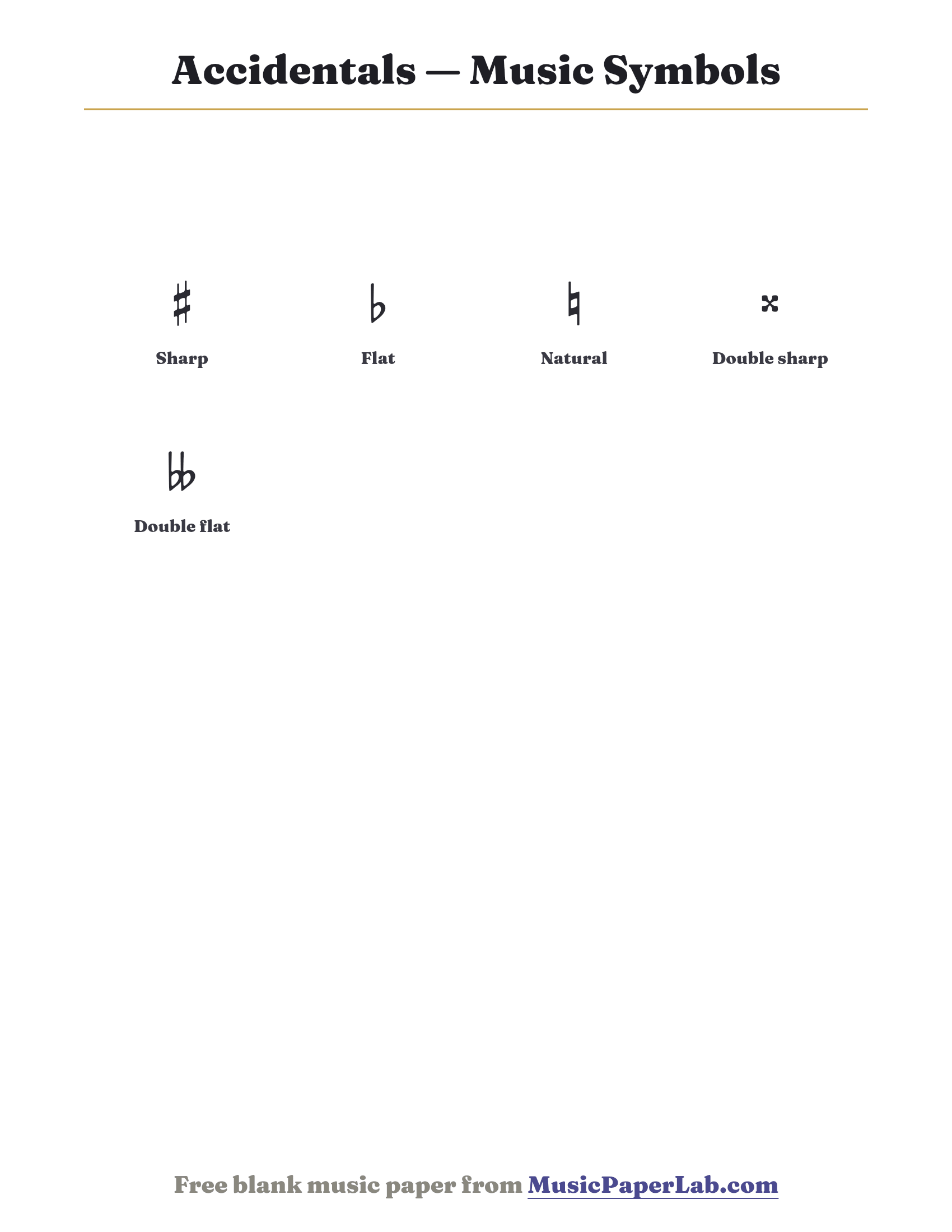 Printable chart of accidentals in music: Sharp, Flat, Natural, Double sharp, Double flat