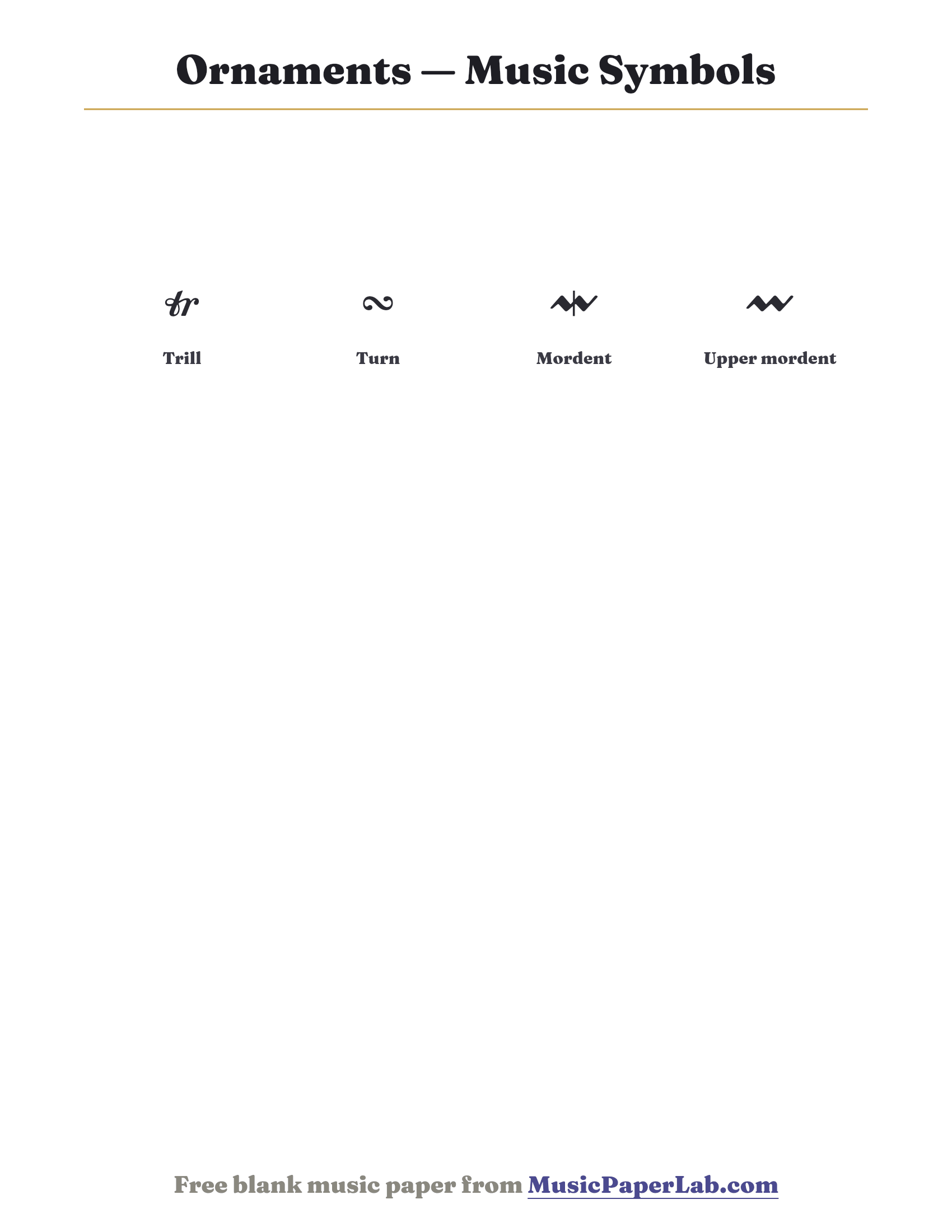 Printable chart of ornaments in music: Trill, Turn, Mordent, Upper mordent