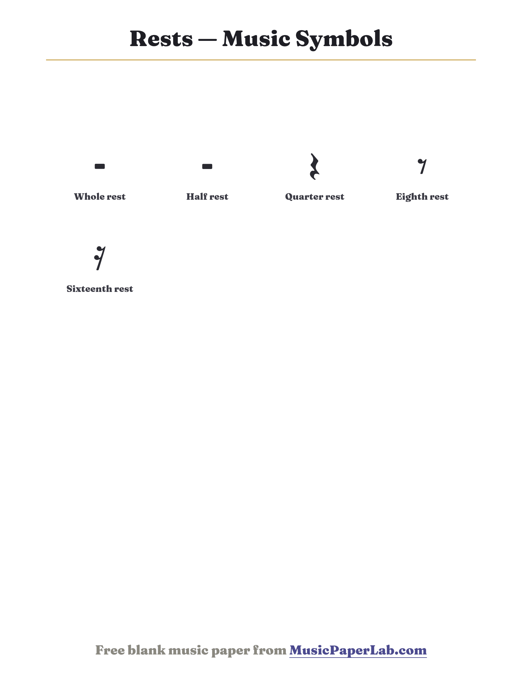 Printable chart of rests in music: Whole rest, Half rest, Quarter rest, Eighth rest, Sixteenth rest